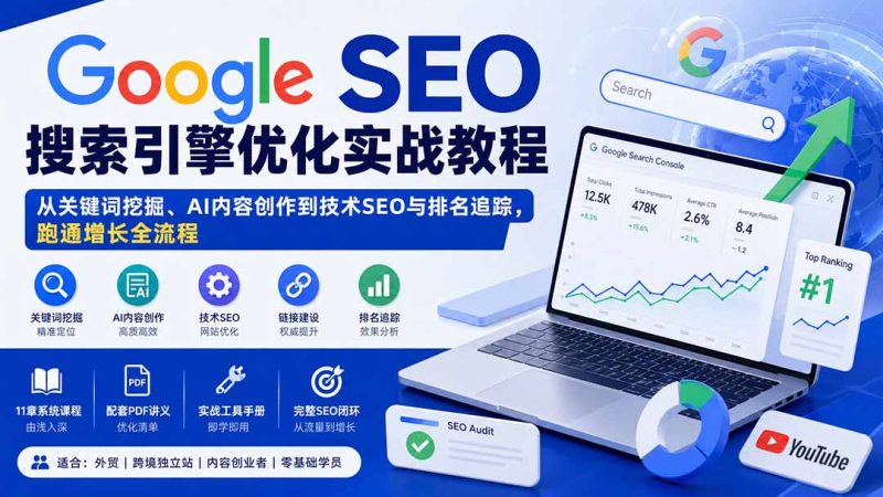 Google SEO搜索引擎优化实战教程：从关键词挖掘、AI内容创作到技术SEO与排名追踪，跑通增长全流程-初遇资源网