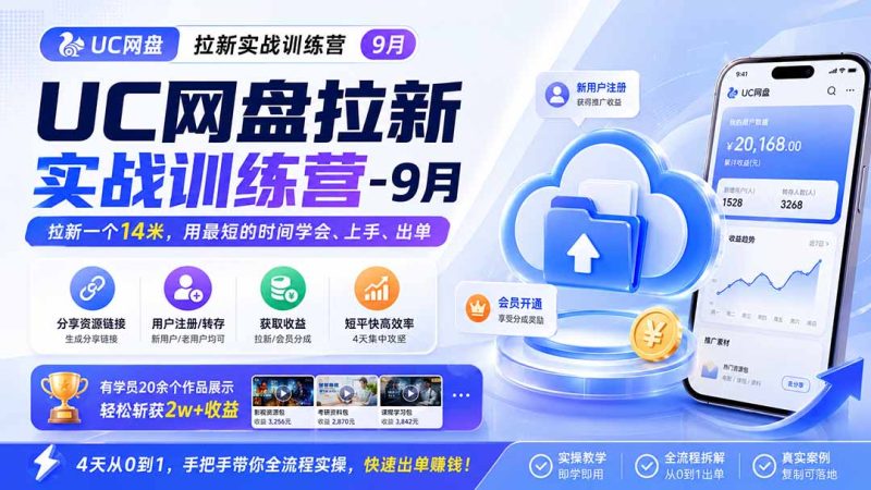 UC网盘拉新实战训练营-9月,拉新一个14米,用最短的时间学会、上手、出单,有学员20余个作品,轻松斩获2w+收益-初遇资源网