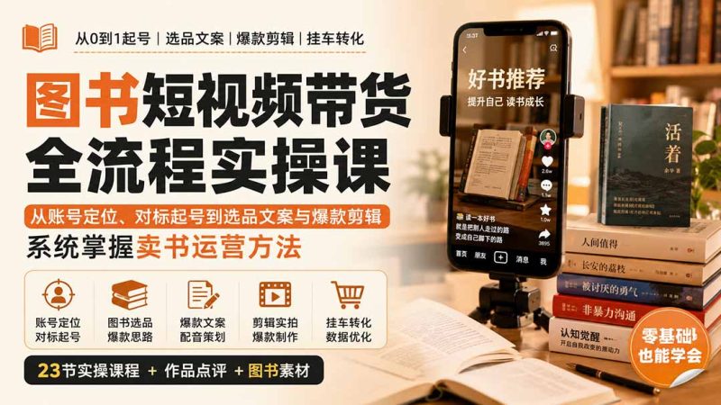 图书短视频带货全流程实操课:从账号定位、对标起号到选品文案与爆款剪辑,系统掌握卖书运营方法-初遇资源网
