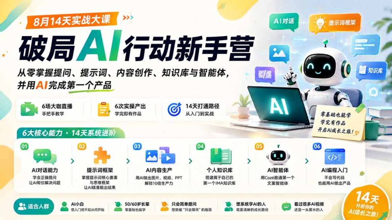 破局AI行动新手营 8月14天实战大课:从零掌握提问、提示词、内容创作、知识库与智能体,并用AI完成第一个产品-初遇资源网