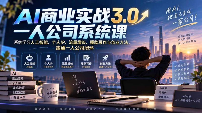 AI商业实战3.0一人公司系统课：系统学习人工智能、个人IP、流量增长、爆款写作与创业方法，跑通一人公司闭环-初遇资源网