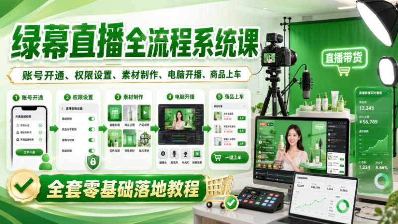 绿幕直播全流程系统课，账号开通、权限设置、素材制作、电脑开播、商品上车全套零基础落地教程-初遇资源网