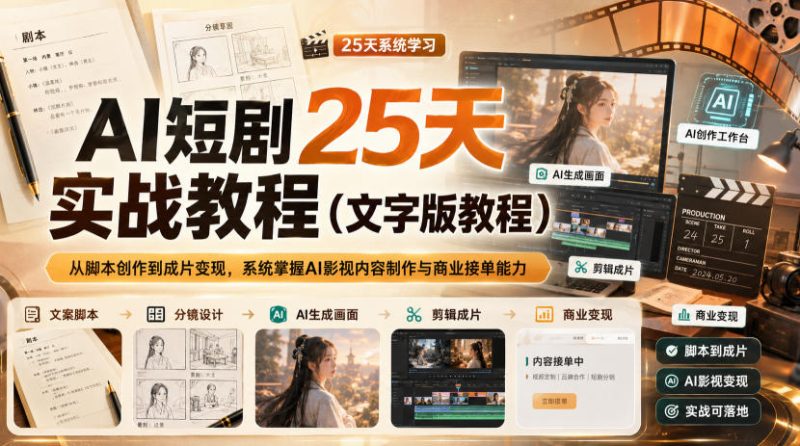 AI短剧25天实战教程(文字版教程),从脚本创作到成片变现,系统掌握AI影视内容制作与商业接单能力-初遇资源网