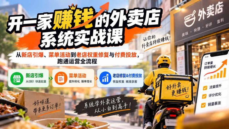开一家赚钱的外卖店系统实战课:从新店引爆、菜单活动到老店权重修复与付费投放,跑通运营全流程-初遇资源网