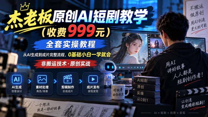 杰老板原创AI短剧教学(收费999元),全套实操教程,0基础小白一学就会,非搬运技术-初遇资源网
