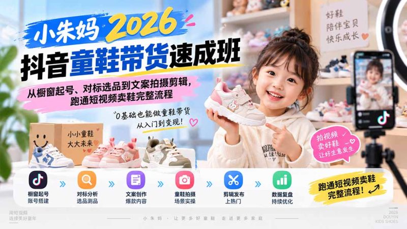 小朱妈2026抖音童鞋带货速成班:从橱窗起号、对标选品到文案拍摄剪辑,跑通短视频卖鞋完整流程-初遇资源网