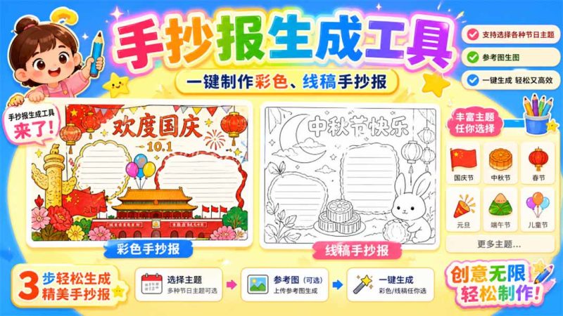 手抄报批量生成工具来了，完全免费，告别豆包生图，这个高清无水印-初遇资源网