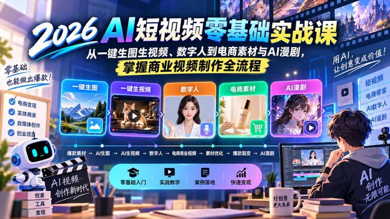 2026AI短视频零基础实战课：从一键生图生视频、数字人到电商素材与AI漫剧，掌握商业视频制作全流程-初遇资源网