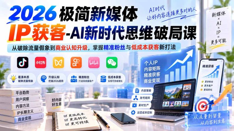 2026极简新媒体IP获客-AI新时代思维破局课：从破除流量假象到商业认知升级，掌握精准粉丝与低成本获客新打法-初遇资源网