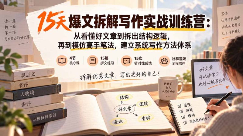 15天爆文拆解写作实战训练营：从看懂好文章到拆出结构逻辑，再到模仿高手笔法，建立系统写作方法体系-初遇资源网