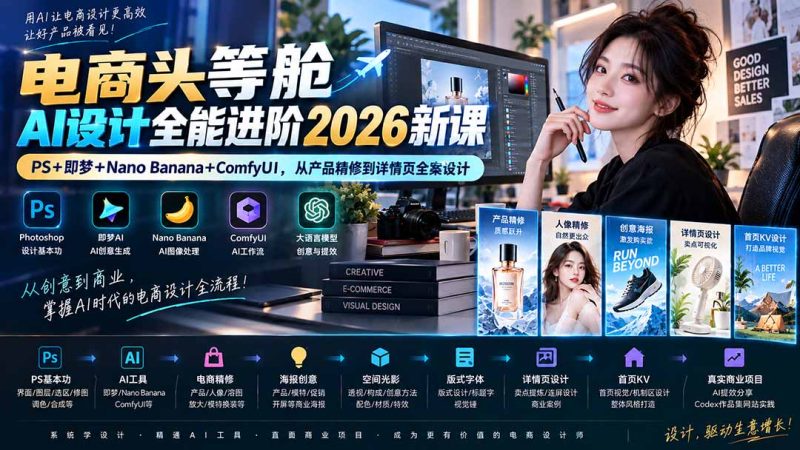 电商头等舱AI设计全能进阶2026新课：PS+即梦+Nano Banana+ComfyUI，从产品精修到详情页全案设计-初遇资源网