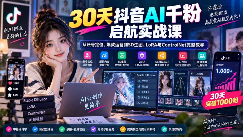 30天抖音AI千粉启航实战课:从账号定位、爆款运营到SD生图、LoRA与ControlNet完整教学-初遇资源网