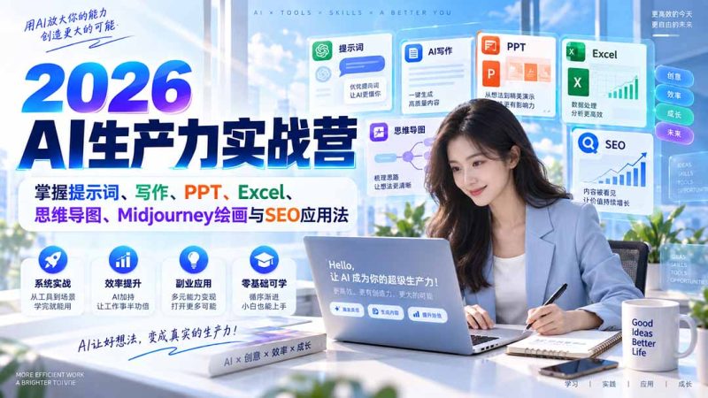 2026AI生产力实战营：掌握提示词、写作、PPT、Excel、思维导图、Midjourney绘画与SEO应用法-初遇资源网