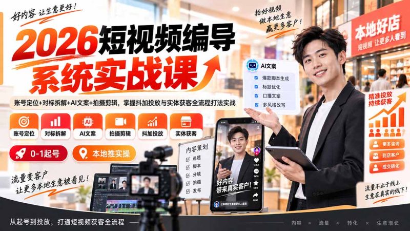 2026短视频编导系统实战课：账号定位+对标拆解+AI文案+拍摄剪辑，掌握抖加投放与实体获客全流程打法实战-初遇资源网