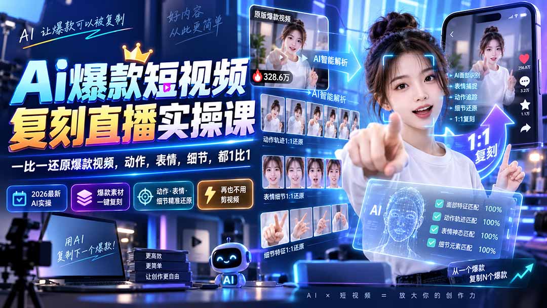 最新Ai爆款短视频复刻直播实操课，一比一还原爆款视频，动作，表情，细节，都1比1 - 中创网