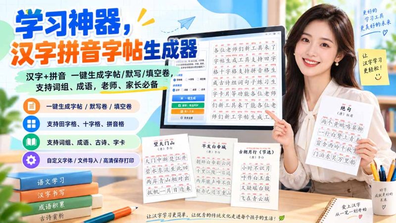学习神器,汉字拼音字帖生成器,汉字+拼音 一键生成字帖/默写/填空卷,支持词组、成语,老师、家长必备-初遇资源网