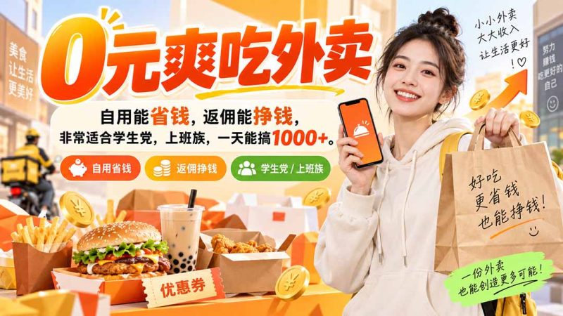 0元爽吃外卖，自用能省钱，返佣能挣钱，非常适合学生党，上班族，一天能搞1000+-初遇资源网