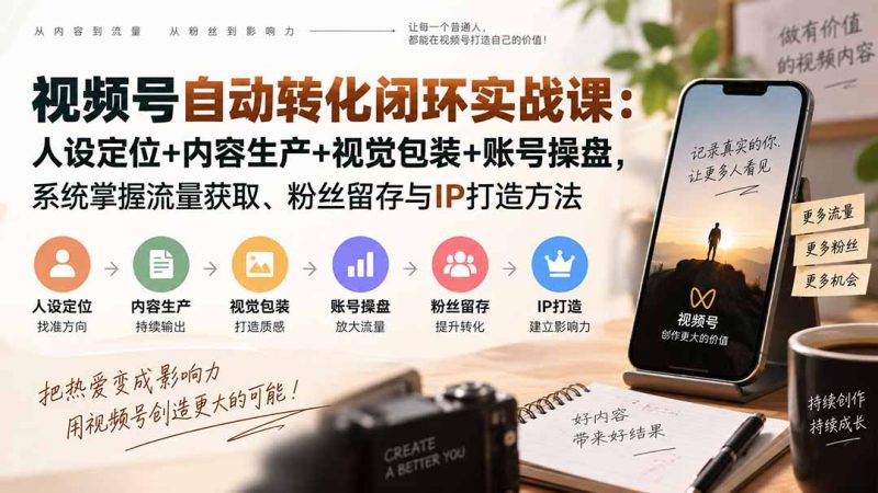 视频号自动转化闭环实战课:人设定位+内容生产+视觉包装+账号操盘,系统掌握流量获取、粉丝留存与IP打造方法-初遇资源网