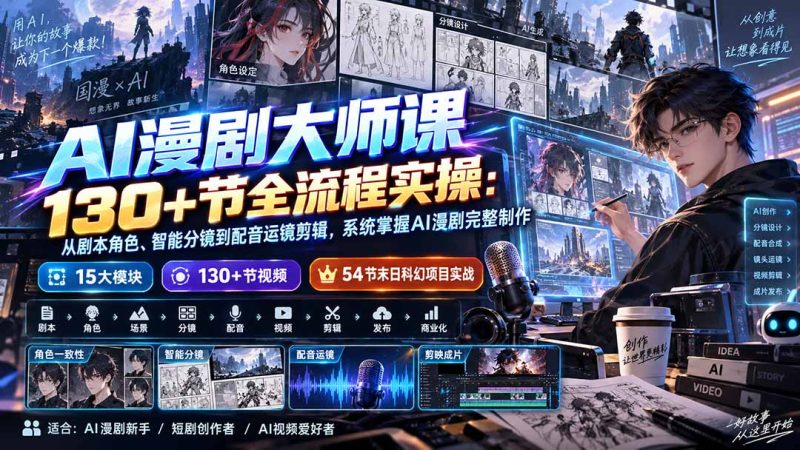 AI漫剧大师课130+节全流程实操:从剧本角色、智能分镜到配音运镜剪辑,系统掌握AI漫剧完整制作-初遇资源网