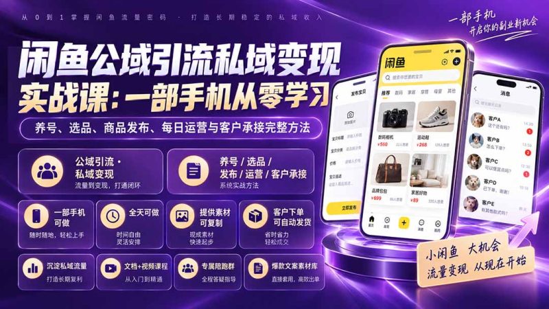 闲鱼公域引流私域变现实战课：一部手机从零学习养号、选品、商品发布、每日运营与客户承接完整方法-初遇资源网