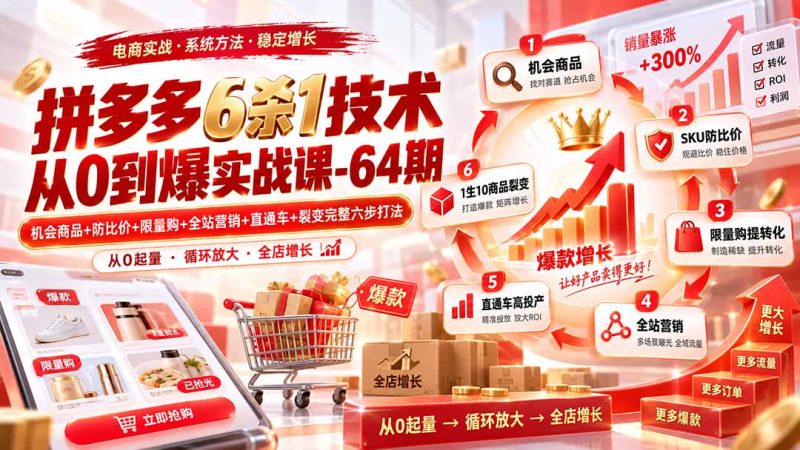 拼多多6杀1技术从0到爆实战课-64期：机会商品+防比价+限量购+全站营销+直通车+裂变完整六步打法-初遇资源网