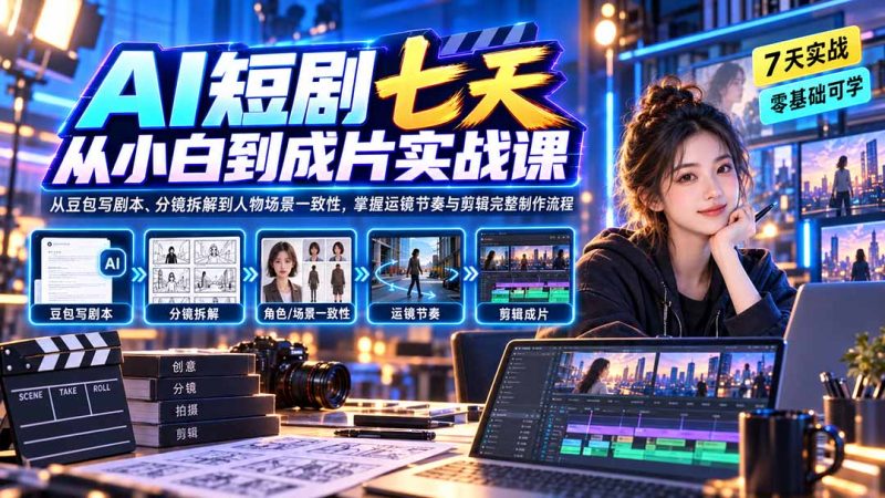 AI短剧七天从小白到成片实战课:从豆包写剧本、分镜拆解到人物场景一致性,掌握运镜节奏与剪辑完整制作流程-初遇资源网