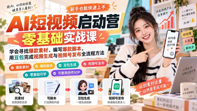 AI短视频启动营零基础实战课:学会寻找爆款素材、编写爆款脚本,用豆包完成视频生成与视频号发布全流程方法-初遇资源网