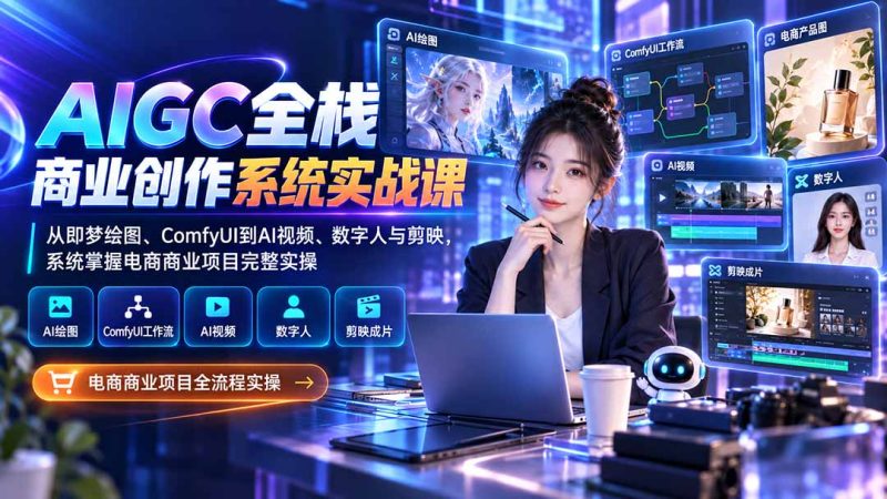 AIGC全栈商业创作系统实战课：从即梦绘图、ComfyUI到AI视频、数字人与剪映，系统掌握电商商业项目完整实操-初遇资源网
