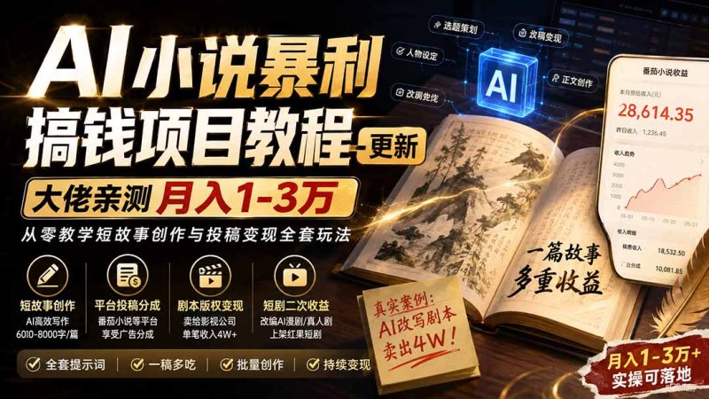 AI小说短故事暴利搞钱项目教程-更新,大佬亲测月入1-3万,从零教学短故事创作与投稿变现全套玩法-初遇资源网