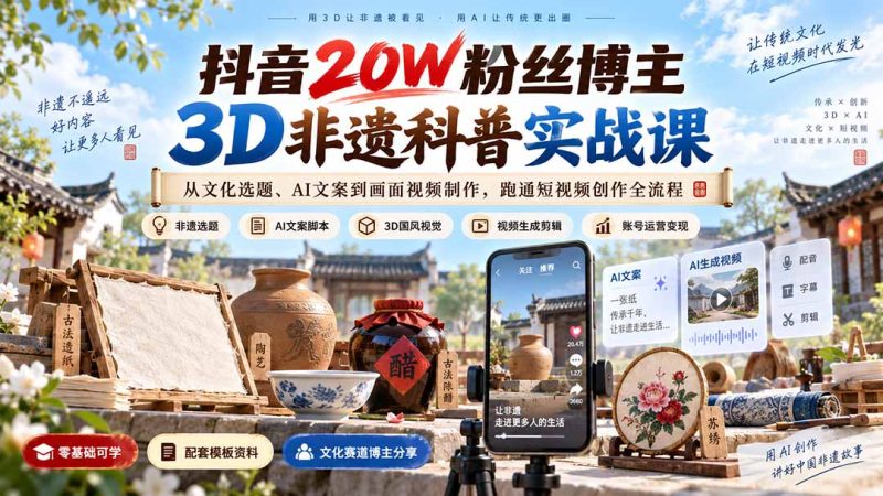 抖音20W粉丝博主3D非遗科普实战课:从文化选题、AI文案到画面视频制作,跑通短视频创作全流程-初遇资源网