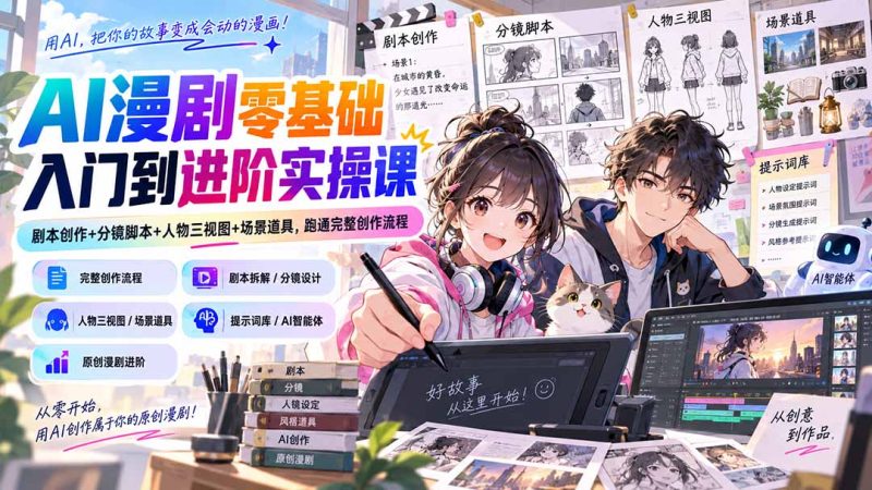 AI漫剧零基础入门到进阶实操课：剧本创作+分镜脚本+人物三视图+场景道具，跑通完整创作流程-初遇资源网