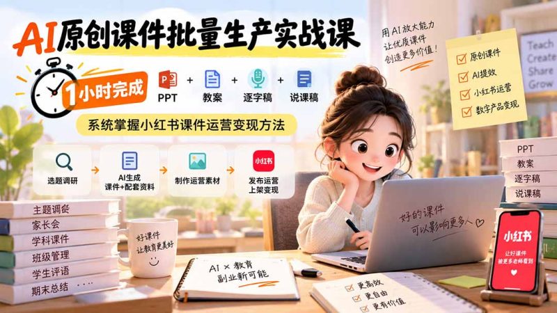 AI原创课件批量生产实战课:1小时完成PPT+教案+逐字稿+说课稿,系统掌握小红书课件运营变现方法-初遇资源网