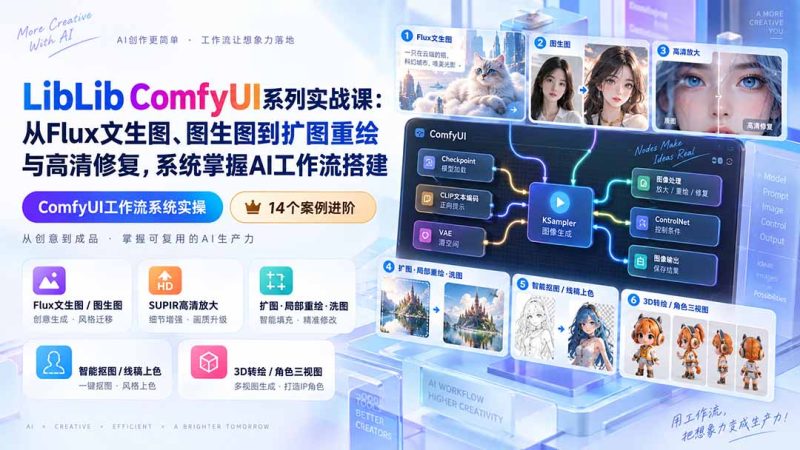 LibLib ComfyUI系列实战课:从Flux文生图、图生图到扩图重绘与高清修复,系统掌握AI工作流搭建-初遇资源网