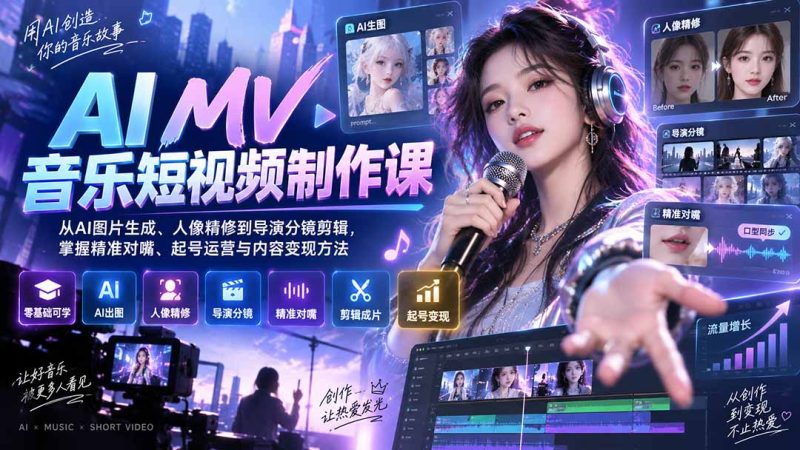 AI MV音乐短视频制作课:从AI图片生成、人像精修到导演分镜剪辑,掌握精准对嘴、起号运营与内容变现方法-初遇资源网
