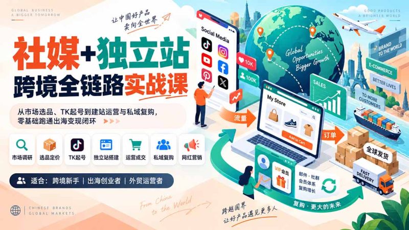 社媒+独立站跨境全链路实战课：从市场选品、TK起号到建站运营与私域复购，零基础跑通出海变现闭环-初遇资源网