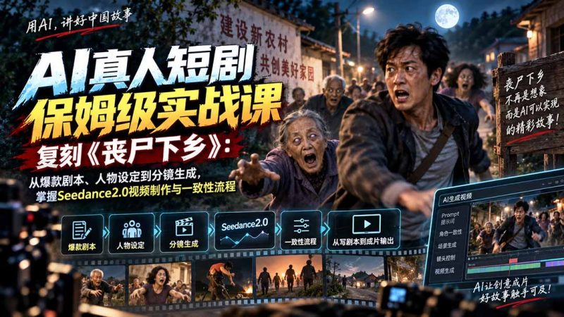 AI真人短剧保姆级实战课,复刻《丧尸下乡》:从爆款剧本、人物设定到分镜生成,掌握Seedance2.0视频制作与一致性流程-初遇资源网