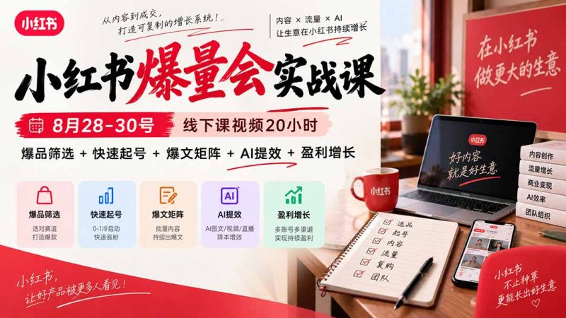 小红书爆量会实战课:8月28-30号线下课视频20小时,爆品筛选+快速起号+爆文矩阵+AI提效+盈利增长-初遇资源网