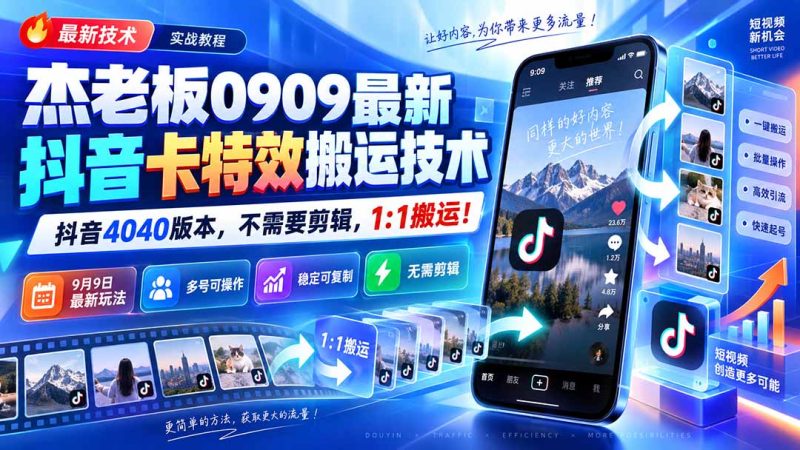 杰老板0909最新抖音卡特效搬运技术,抖音4040版本,不需要剪辑,1:1搬运!-初遇资源网
