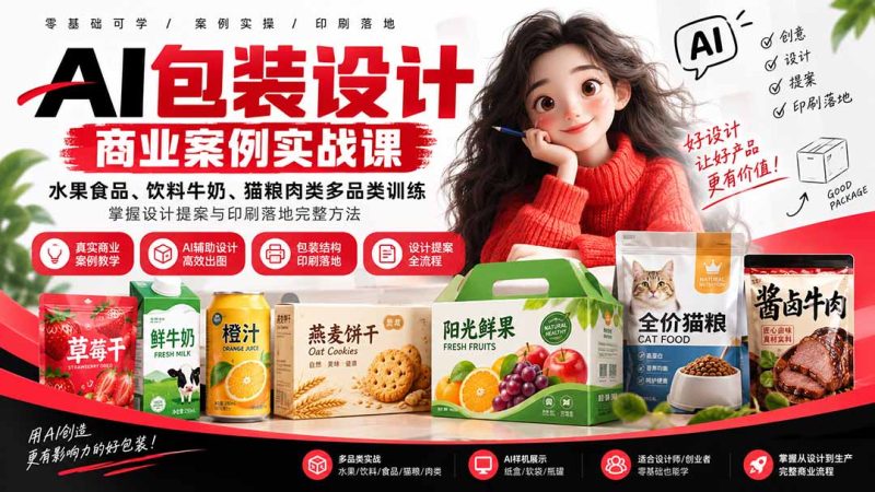 AI包装设计商业案例实战课:水果食品、饮料牛奶、猫粮肉类多品类训练,掌握设计提案与印刷落地完整方法-初遇资源网