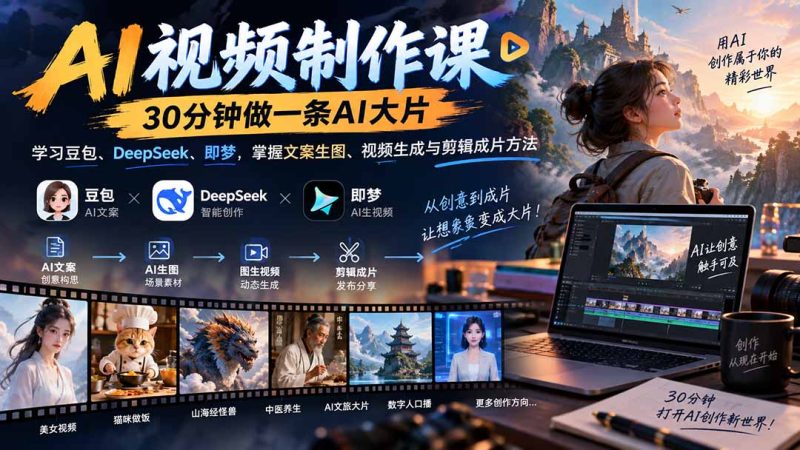 AI视频制作课-30分钟做一条AI大片:学习豆包、DeepSeek、即梦,掌握文案生图、视频生成与剪辑成片方法-初遇资源网