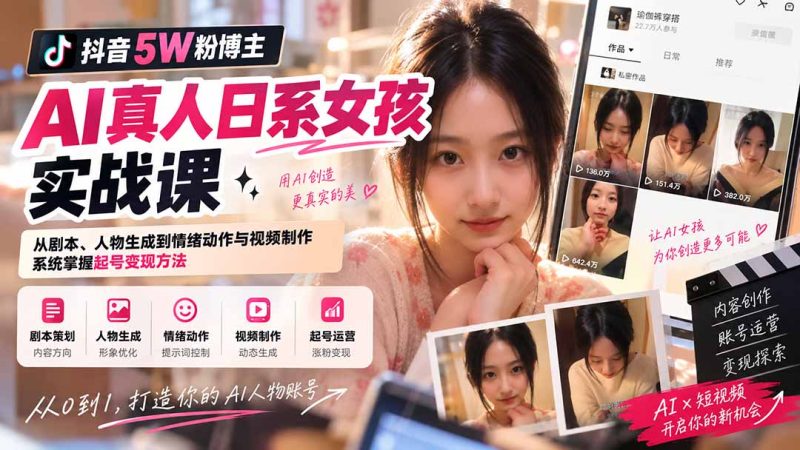抖音5W粉博主AI真人日系女孩实战课:从剧本、人物生成到情绪动作与视频制作,系统掌握起号变现方法-初遇资源网