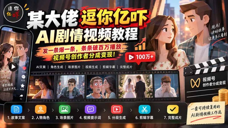 某大佬逗你亿吓AI低模剧情视频制作教程：发一条爆一条，条条破百万播放，利用视频号创作者分成变现!-初遇资源网
