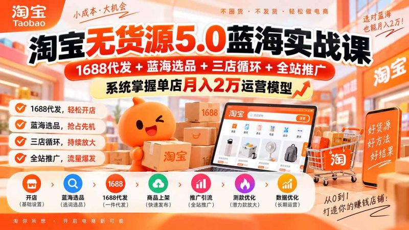 淘宝无货源5.0蓝海实战课-更新：1688代发+蓝海选品+三店循环+全站推广，系统掌握单店月入2万运营模型-初遇资源网
