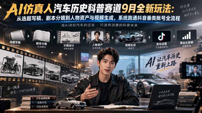 AI仿真人汽车历史科普赛道9月全新玩法：从选题写稿、剧本分镜到人物资产与视频生成，系统跑通抖音垂类账号全流程-初遇资源网