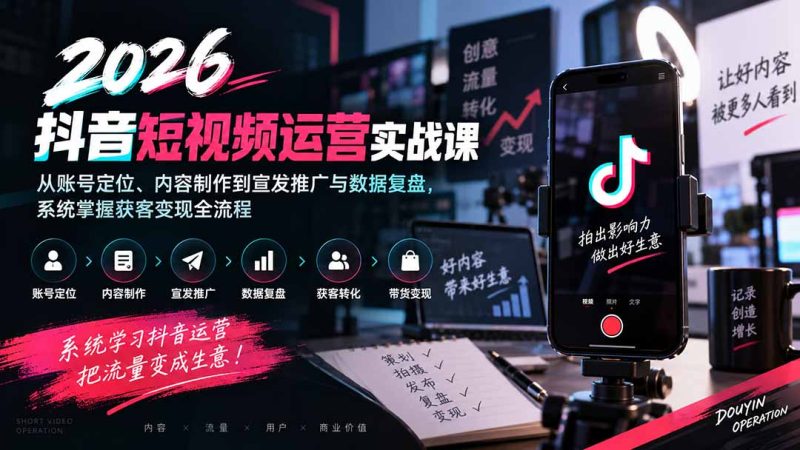 2026抖音短视频运营实战课：从账号定位、内容制作到宣发推广与数据复盘，系统掌握获客变现全流程-初遇资源网