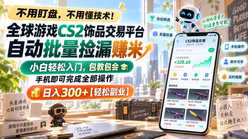 全球游戏CS2饰品交易平台自动批量捡漏赚米,小白轻松入门,包教包会,手机即可完成全部操作,日入300+【轻松副业】-初遇资源网
