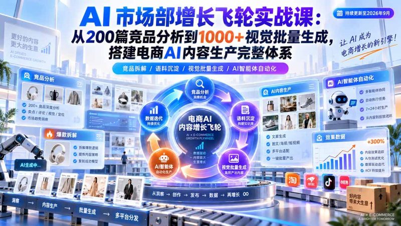 AI 市场部增长飞轮实战课:从200篇竞品分析到1000+视觉批量生成,搭建电商AI内容生产完整体系-初遇资源网