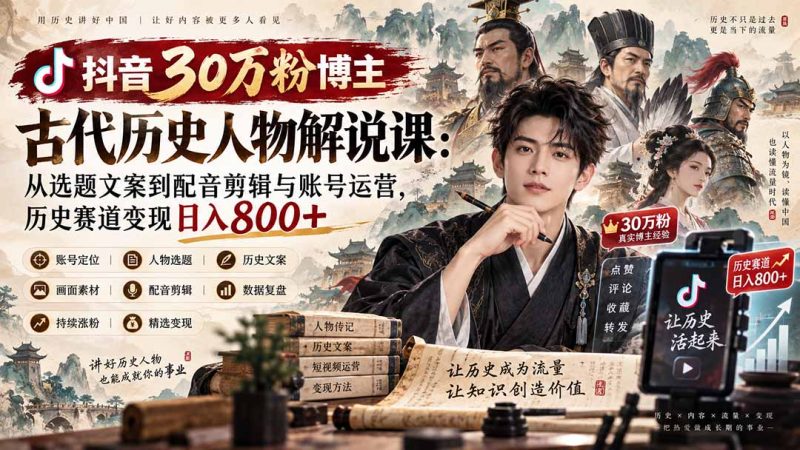 抖音30万粉博主古代历史人物解说课:从选题文案到配音剪辑与账号运营,历史赛道变现日入800+-初遇资源网