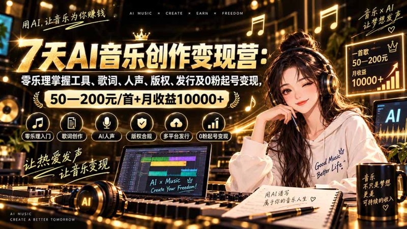 AI音乐创作变现营:零乐理掌握工具、歌词、人声、版权、发行及0粉起号变现,50—200元/首+月收益10000+-初遇资源网