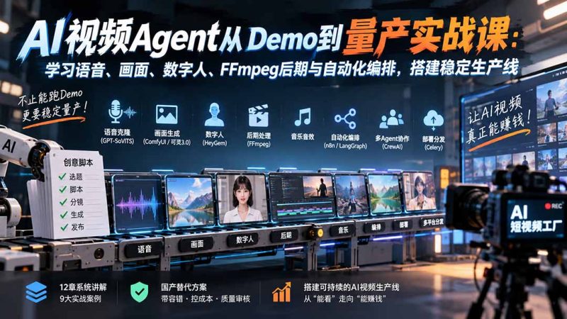 AI视频Agent从Demo到量产实战课:学习语音、画面、数字人、FFmpeg后期与自动化编排,搭建稳定生产线-初遇资源网